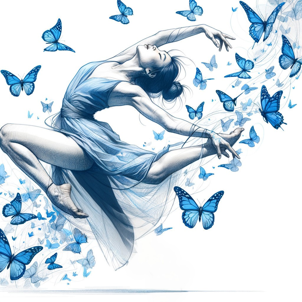 Ballet Dancer in Blue Dress with Butterflies in Flight