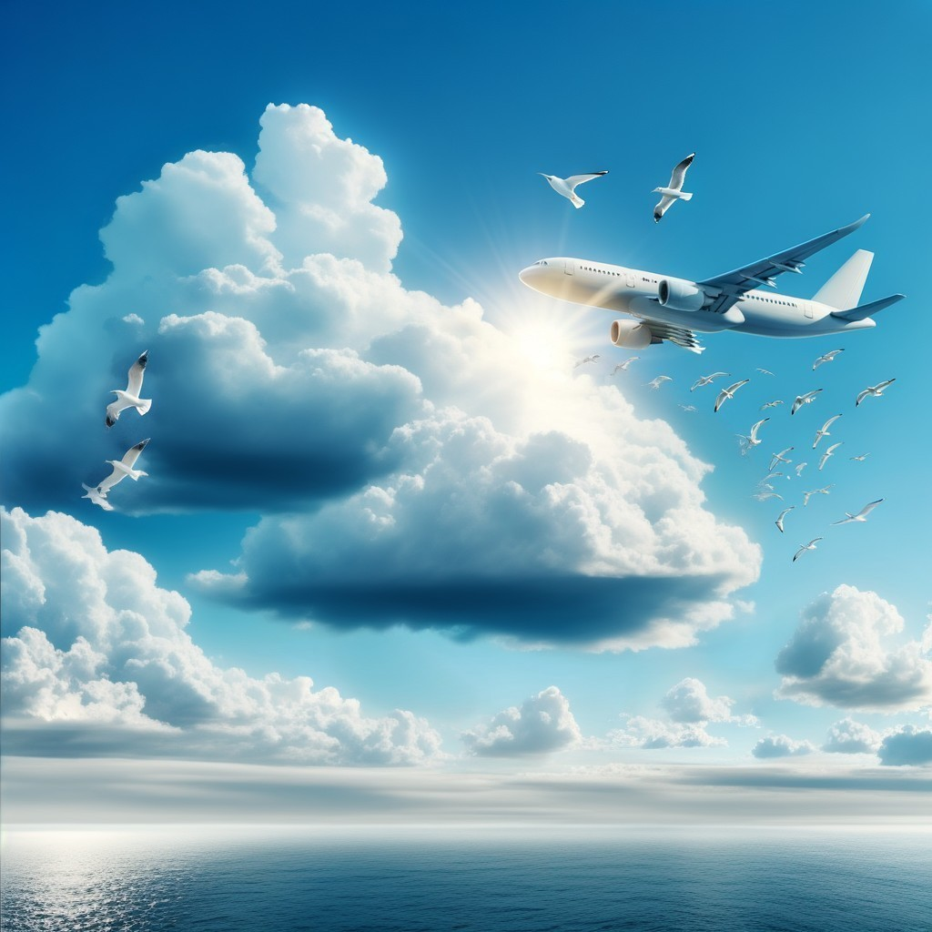 Sleek Airplane Flying Through Bright Blue Sky and Clouds