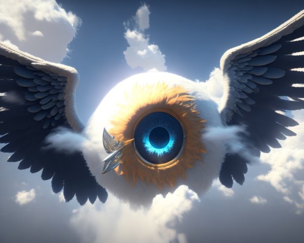 Giant eye with wings flying in cloudy sky