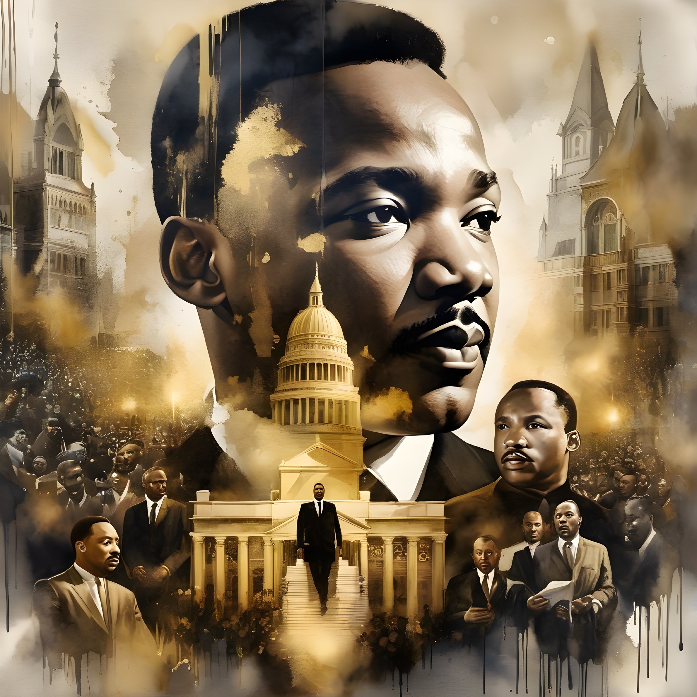 Sepia Toned Artistic Collage of Man Addressing Crowds
