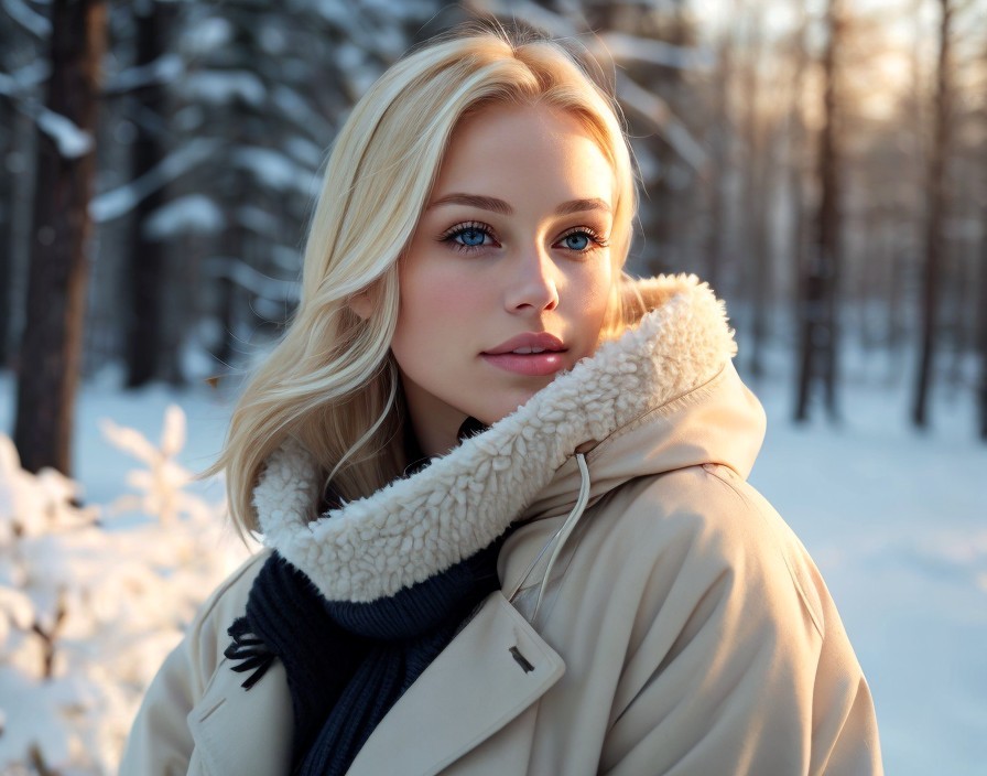 Blonde woman in beige coat gazes in snow forest at golden hour