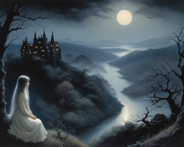 Woman in White Observing Moonlit Castle Landscape