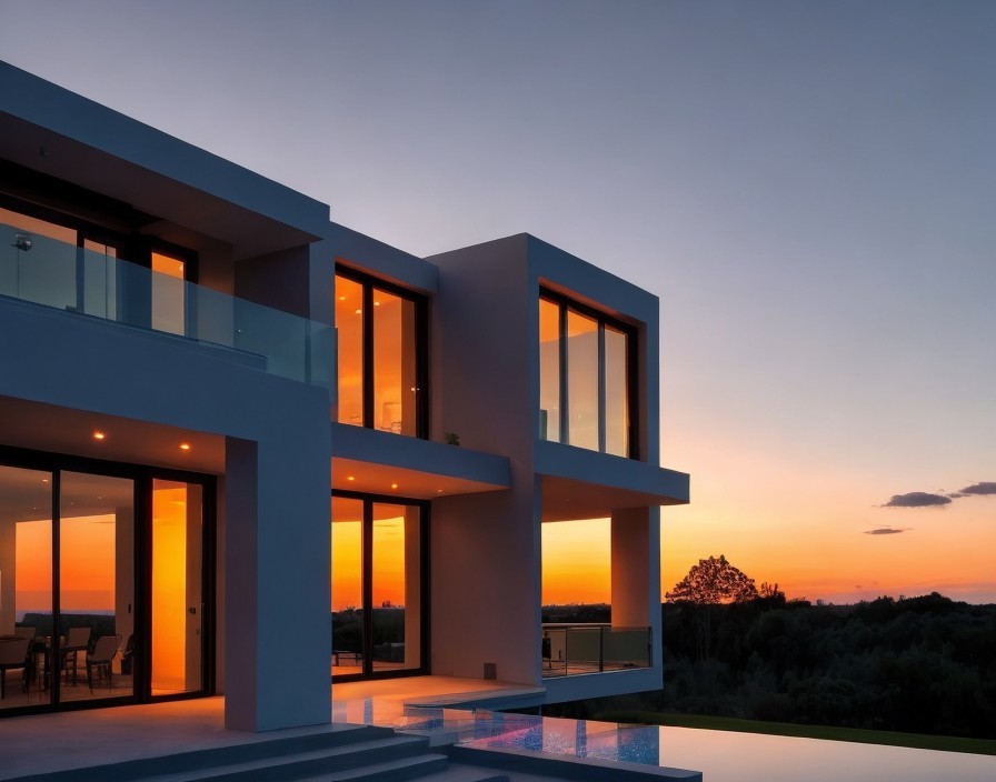 Contemporary House Sunset View with Large Windows