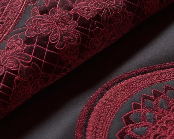 Intricate Red Floral Patterns on Dark Embroidered Fabric