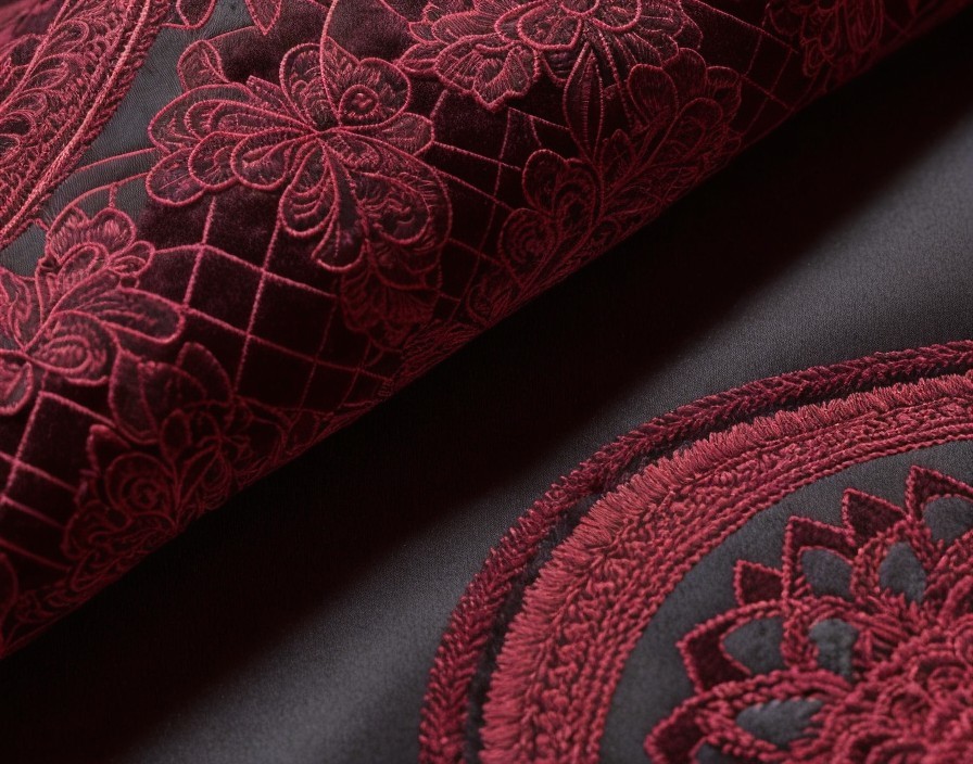 Intricate Red Floral Patterns on Dark Embroidered Fabric