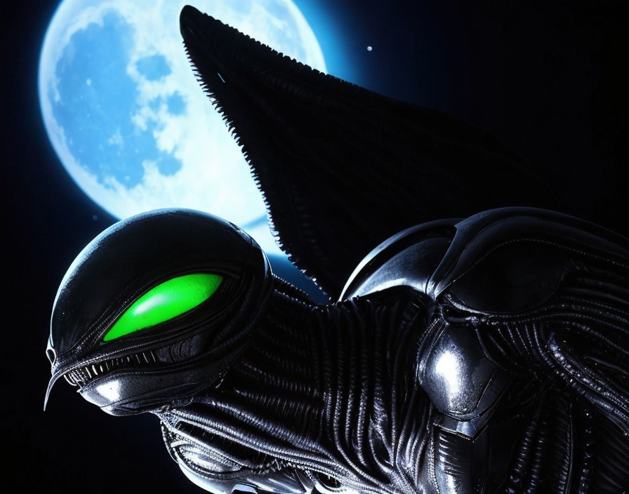 Alien creature with black exoskeleton and green eyes on blue moon background