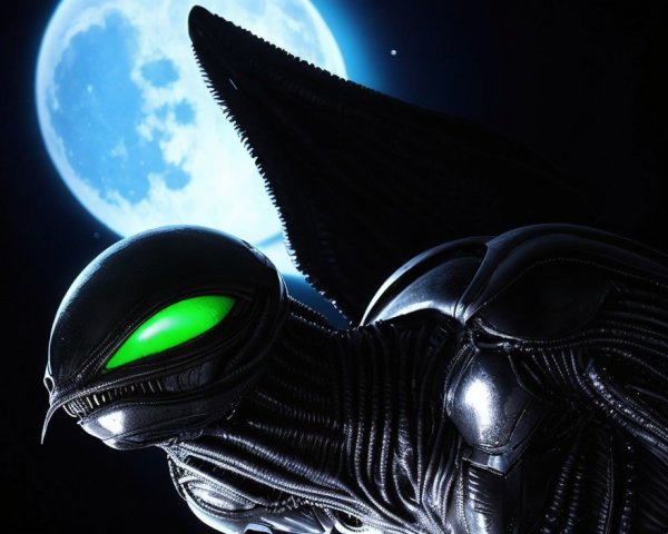 Alien creature with black exoskeleton and green eyes on blue moon background
