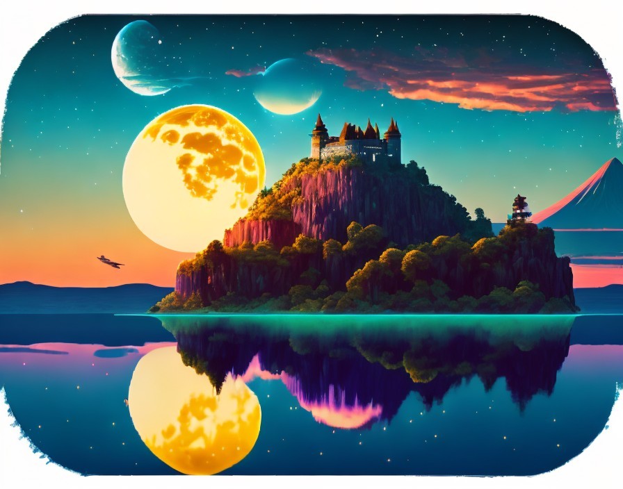 Fantastical landscape with castle, moon, planets, mountain, water reflection, and flying bird.