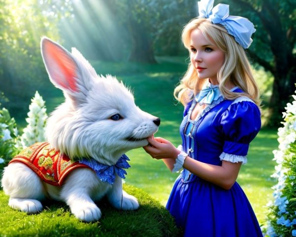 Woman in Alice in Wonderland costume with oversized rabbit in whimsical garden