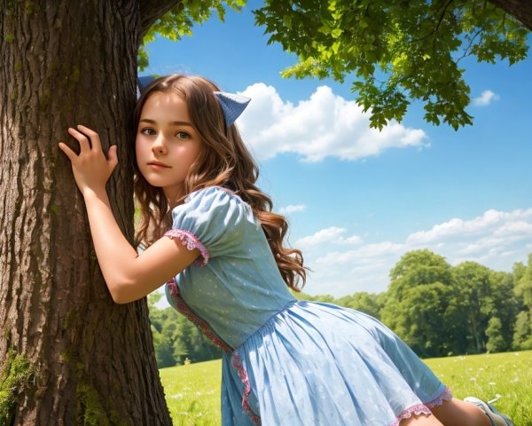 Girl in Blue Dress Leaning Against Tree in Sunlit Field