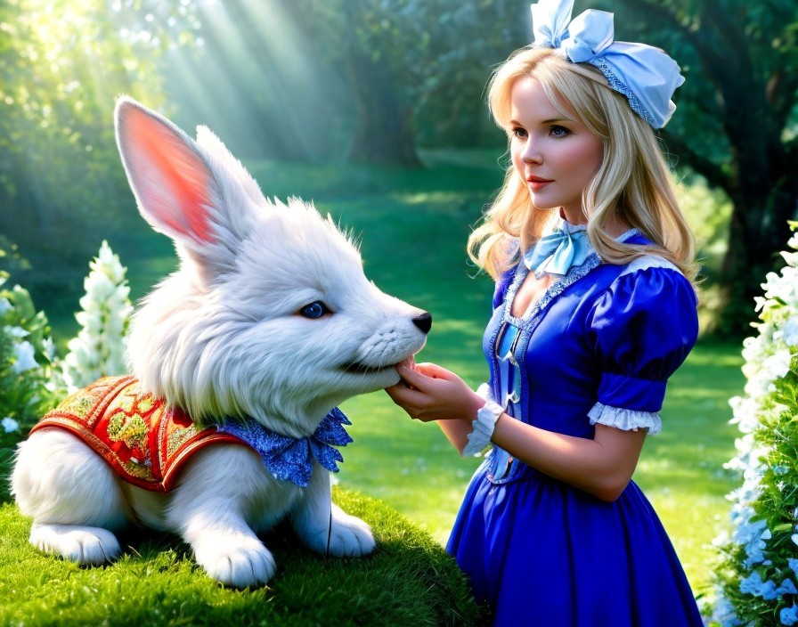 Woman in Alice in Wonderland costume with oversized rabbit in whimsical garden