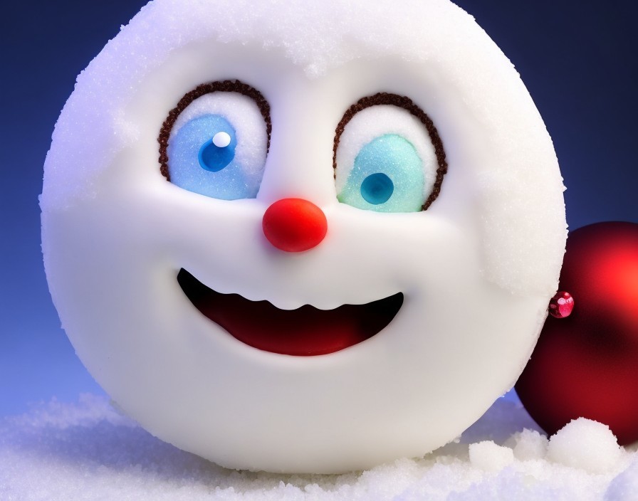 Cheerful snowman face with red nose and blue eyes on blue background