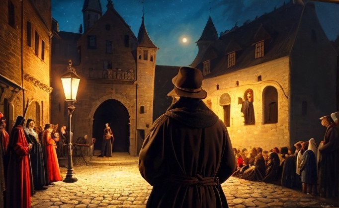 Cloaked Figure Watching Townspeople in Medieval Courtyard