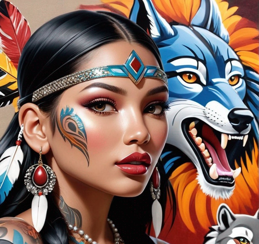 Intricate bird-like face paint on woman with blue and gray wolves in vibrant background