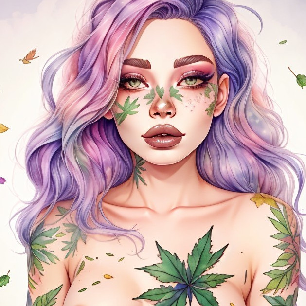 Person with Purple Hair and Leaf Motifs Illustration