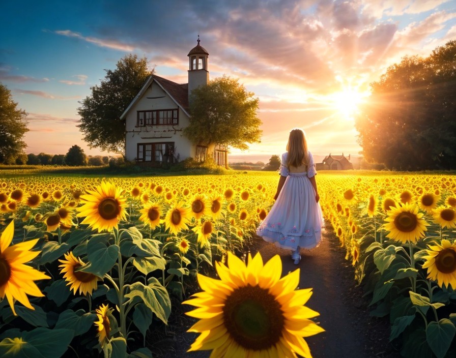 Woman in white dress walking in sunflower field at sunset