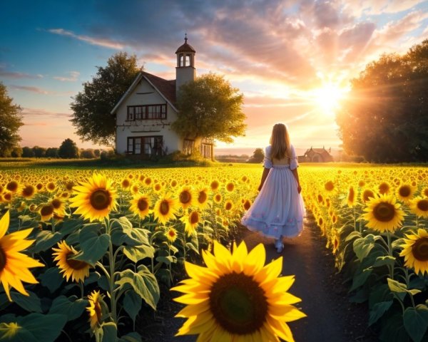 Woman in white dress walking in sunflower field at sunset