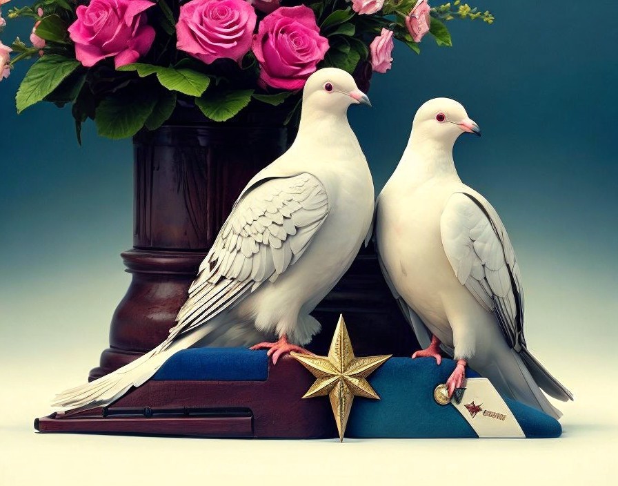 White doves, books, star object, pink roses, teal background
