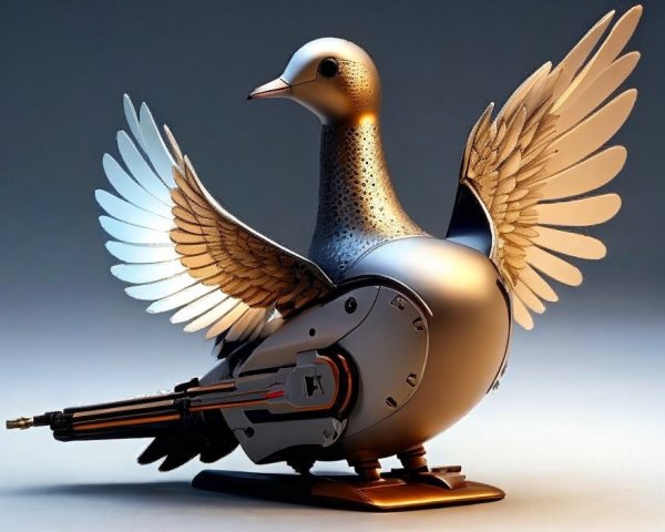 Metallic robotic pigeon with intricate gears and mechanical wings on soft-lit background