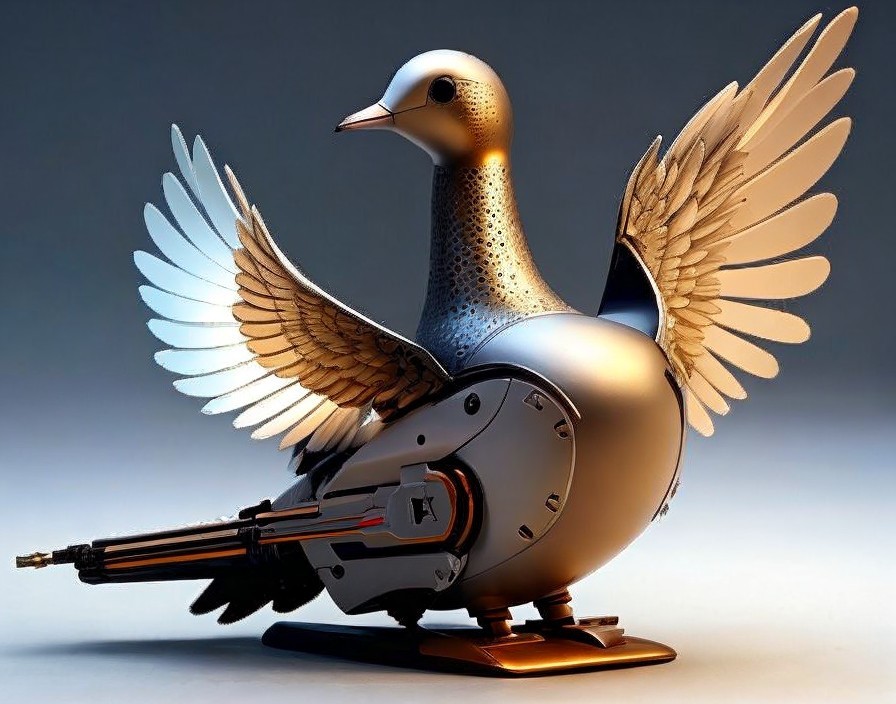 Metallic robotic pigeon with intricate gears and mechanical wings on soft-lit background