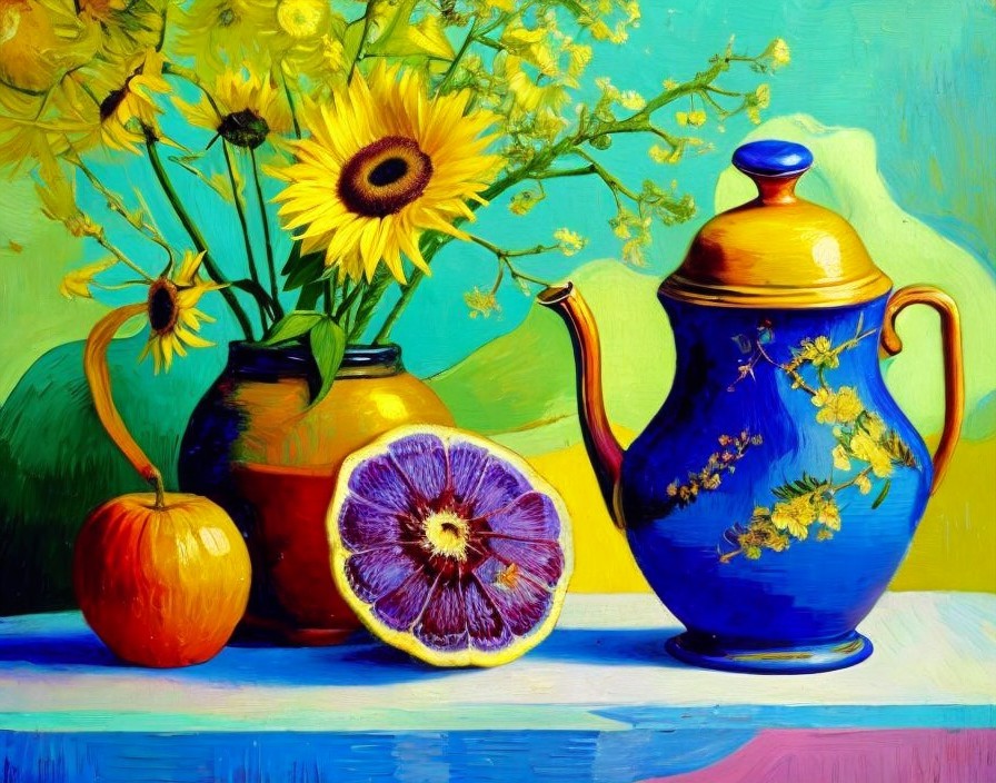 Colorful still life painting with blue teapot, lemon, purple fruit, and sunflower jars