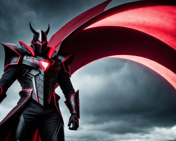 Elaborate Black and Red Armored Costume with Cape Under Dramatic Cloudy Sky