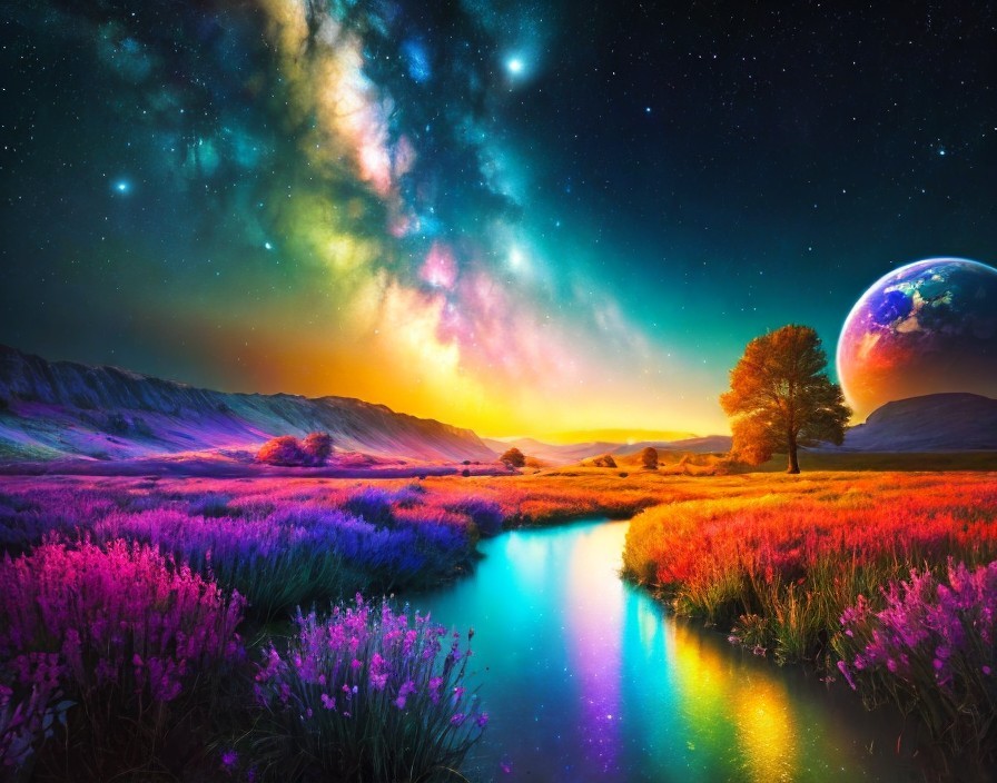 Colorful sunset sky with Milky Way and oversized planet in fantastical landscape