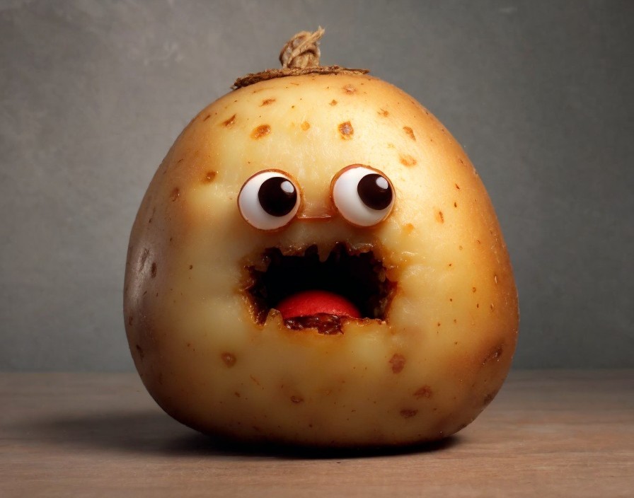 Potato with googly eyes and cut-out mouth on grey background