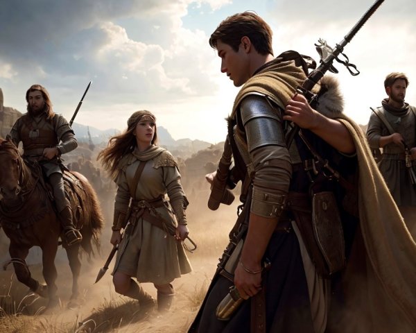 Medieval fantasy characters on an adventure with young male warrior and archer.