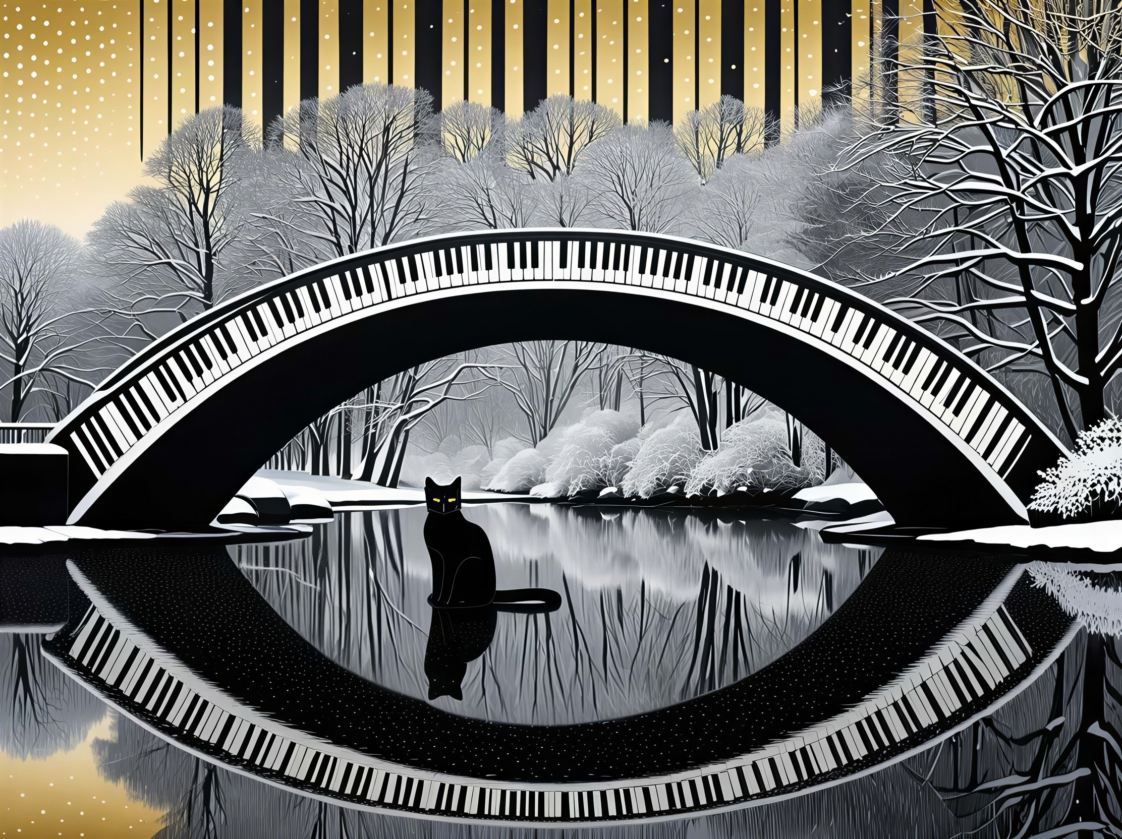 Black Cat Reflection on Water with Musical Bridge