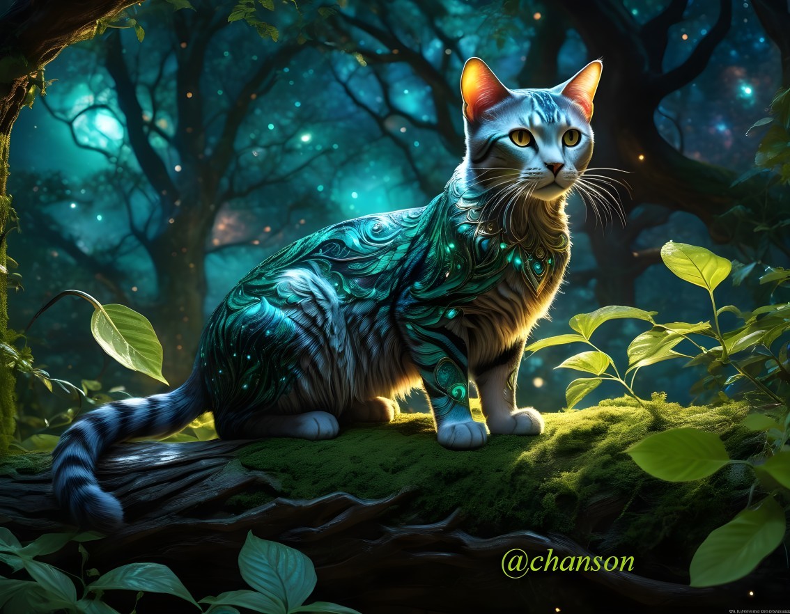 Digital Art of a Cat with Glowing Turquoise Patterns