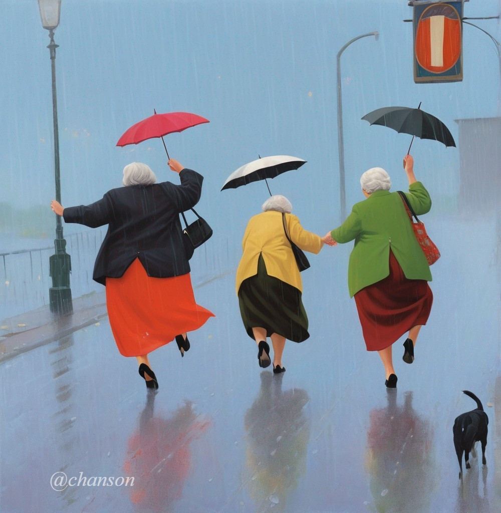 Older women skipping with colorful umbrellas on a street