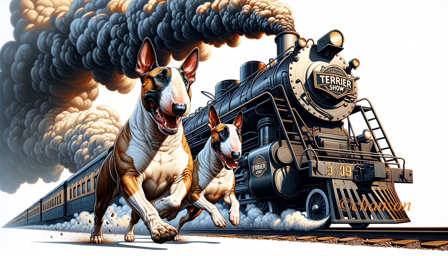 Bull Terriers Racing with Vintage Steam Train Illustration