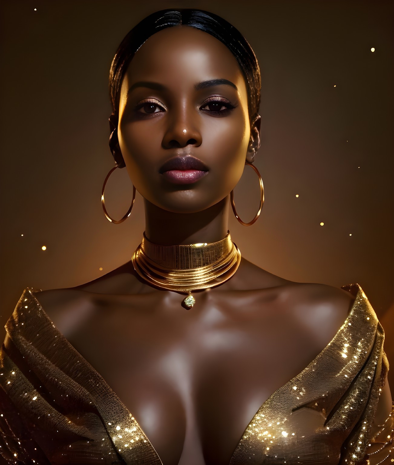 Striking Woman with Radiant Complexion and Gold Accents