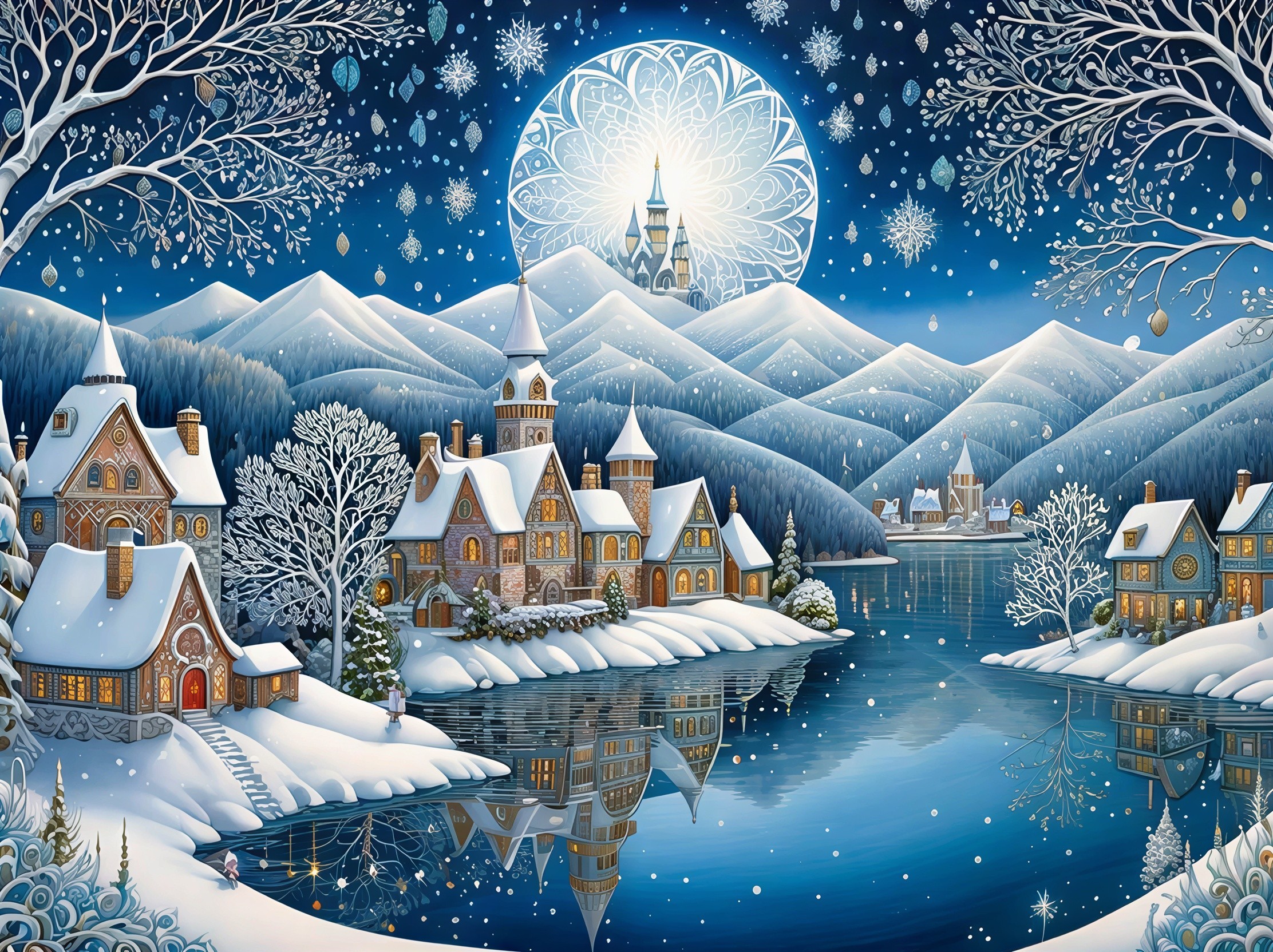 Winter Village by Lake Under Starry Night Sky