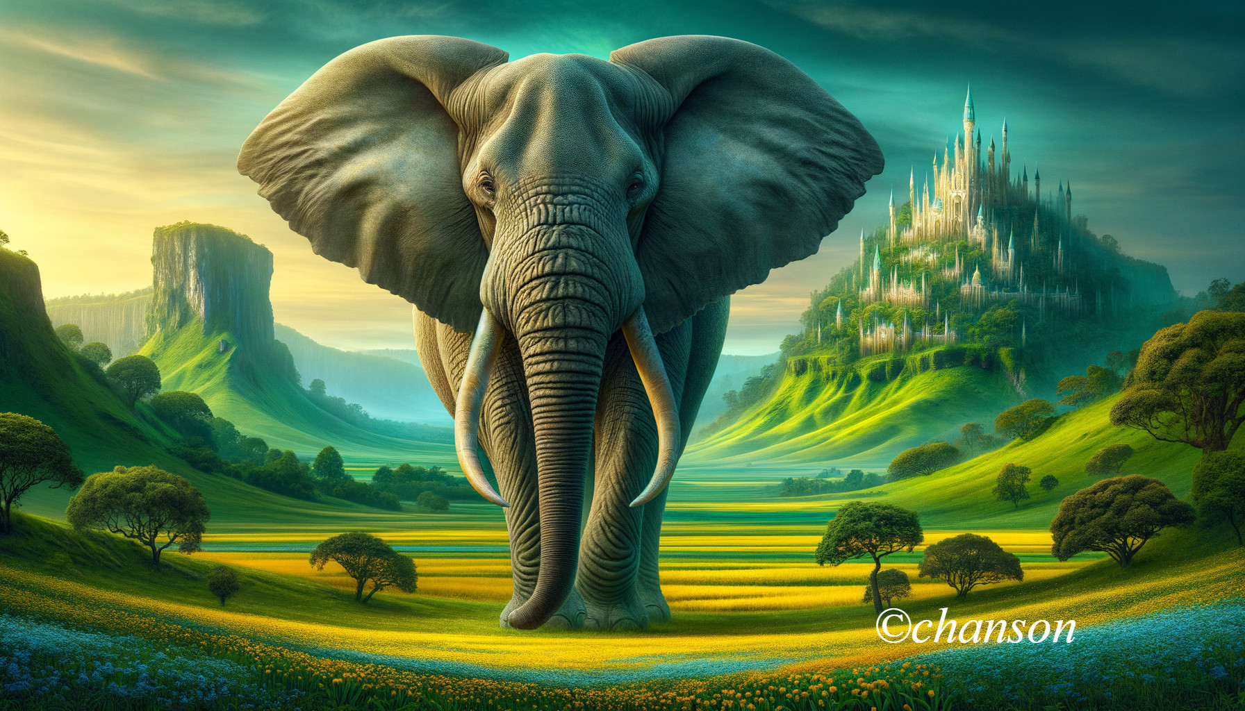 Majestic Elephant in Vibrant Landscape with Castle