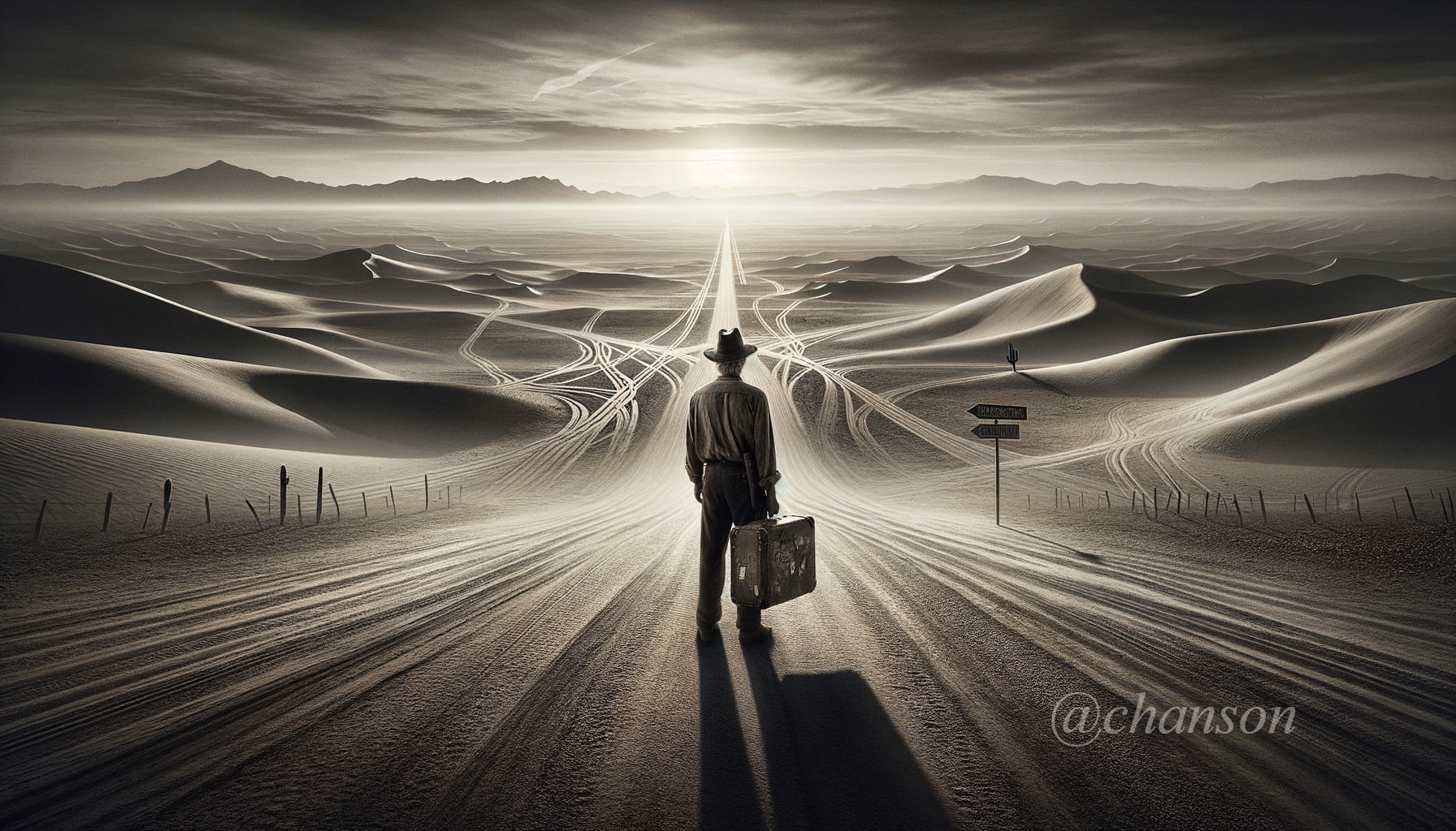 Person at Desert Crossroad with Diverging Paths