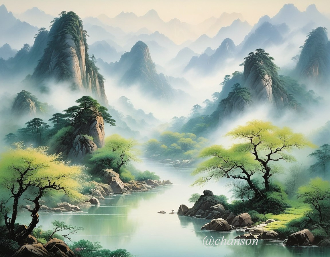 Serene landscape with green trees and misty mountains