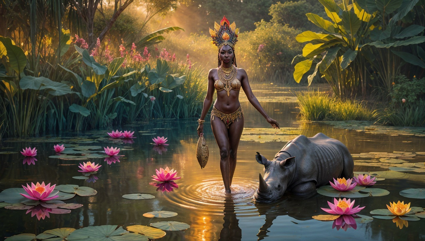 Woman in Gold Jewelry Walking Through Lotus Pond