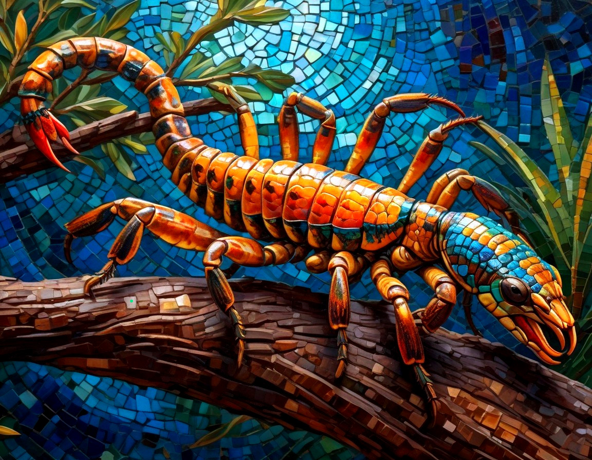 Vibrant Mosaic Artwork of a Scorpion in Bright Tiles