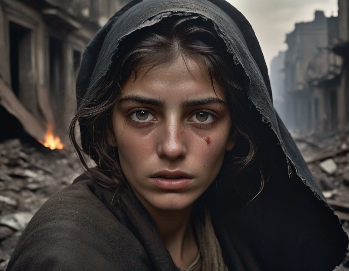 Young woman with bruised face in war-torn street