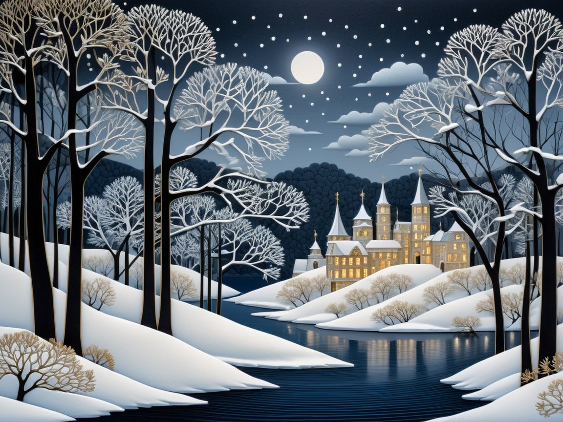 Stylized Winter Wonderland with Castle and River