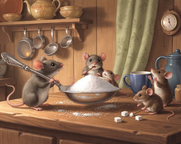 Mice Gathering Sugar in a Rustic Kitchen Scene