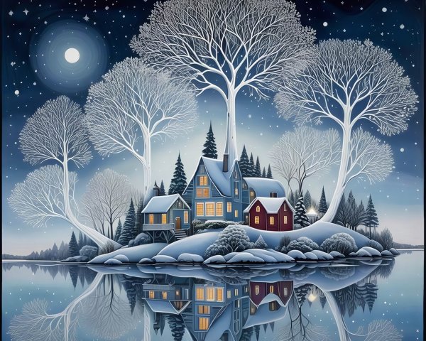 Winter Wonderland Folk-Art Painting of a Snowy Village