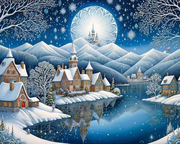 Winter Village by Lake Under Starry Night Sky