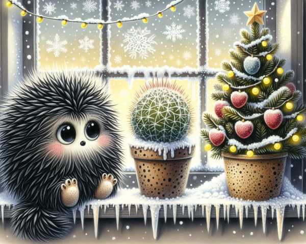Whimsical Illustration of a Hedgehog on a Windowsill