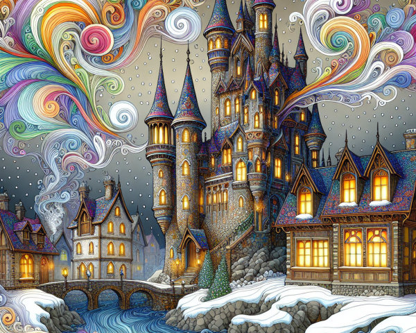 Whimsical Watercolor of Castle and Village Landscape