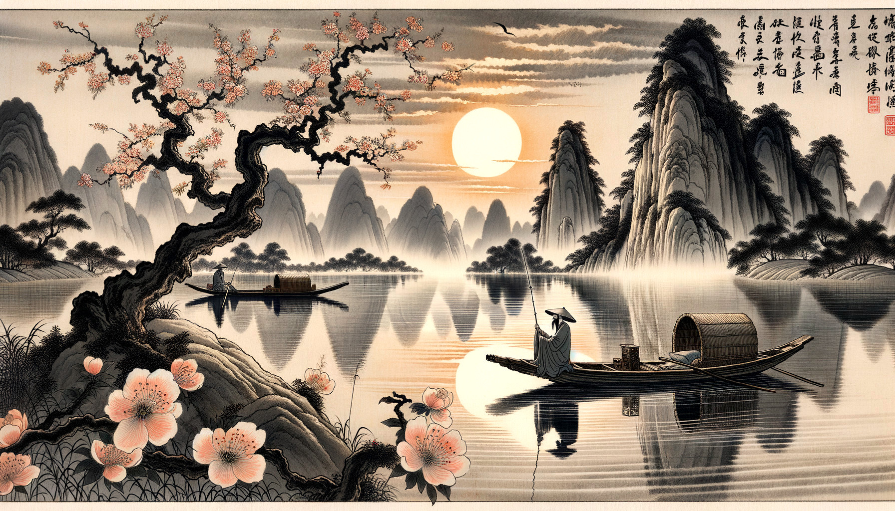 Traditional Asian Landscape with Lake and Mountains