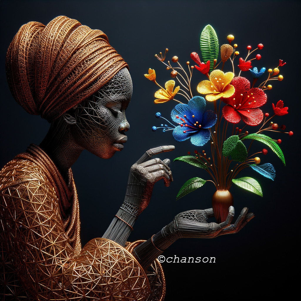 Stylized Woman with Bouquet in Earthy Tones and Flowers