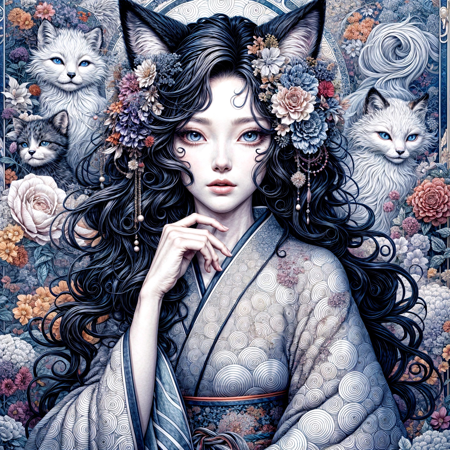 Serene woman in kimono with cats and floral patterns
